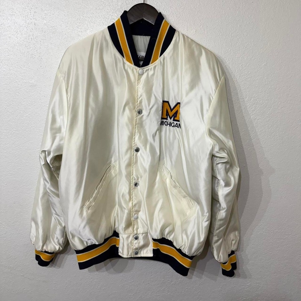 White and yellow vintage satin Michigan varsity style jacket